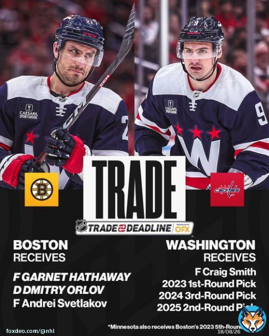 BRUINS BOLSTER THEIR ROSTER    The @NHLBruins have acquired Dmitry Orlov and @GarnetHathaway in a three-team deal with the @Capitals and the @mnwild! #NHLTradeDeadline