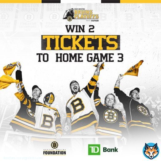 Purchase raffle tickets for a chance to win 2 tickets to home game three of the 2023 Playoffs presented by @rapid7!  Proceeds support the #NHLBruins Foundation in their effort to enrich the lives of all in our community. Raffle runs through 4/25 at 5PM  &rarr;