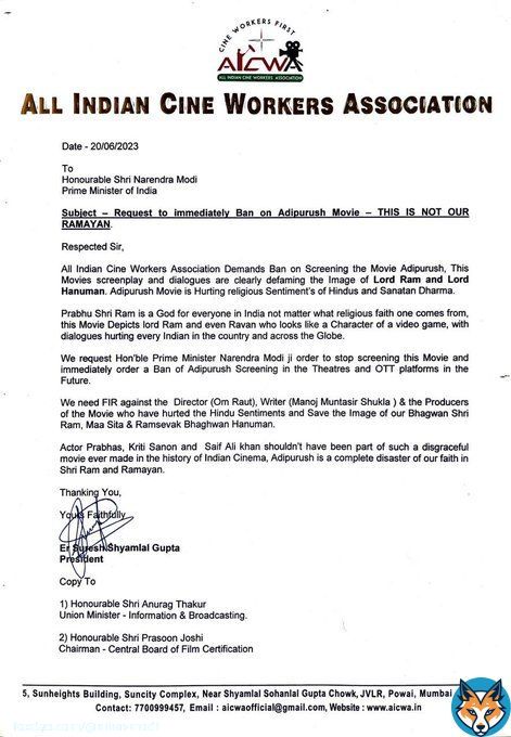 All India Cine Workers Association has written a letter to Prime Minister Narendra Modi, requesting him to ban Adipurush screening in the theatres and OTT platforms in the future.  They also requested to lodge FIR against Director Om Raut, dialogue writer Manoj Muntashir Shukla… Show more