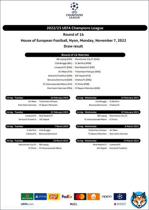 OFFICIAL: #UCL Round of 16 Dates (First / Second Leg)  &bull;#ACMTOT Tue 14th Feb / Wed 8th Mar  &bull;#DORCHE Wed 15th Feb / Tue 7th Mar  &bull;#LIVRMA Tue 21st Feb / Wed 15th Mar  &bull;#RBLMCI Wed 22nd Feb / Tue 14th Mar  Full List