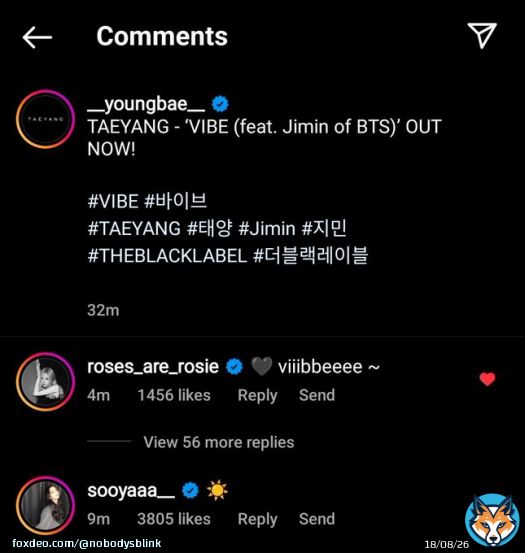 Ros&eacute;, Jisoo and Jennie commented on @Realtaeyang 's Instagram post!!! My VIP-BLINK heart!!!  VIBE IS OUT NOW #TAEYANGVIBE  #TAEYANG #BIGBANG  @Realtaeyang