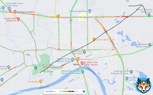 Current traffic map in Selma, Alabama.  You can tell the tornado path by looking at the oranges and reds. #alwx