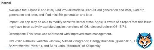 The story of the #iOSTriangulation in-the-wild 0-days continues! CVE-2023-38606 is another kernel vulnerability that was used in the 0-click exploit chain. Discovered by Valentin Pashkov, Mikhail Vinogradov, @kucher1n, @bzvr_, and yours truly. Updateall your Apple devices!