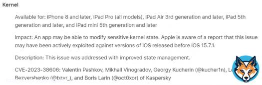 The story of the #iOSTriangulation in-the-wild 0-days continues! CVE-2023-38606 is another kernel vulnerability that was used in the 0-click exploit chain. Discovered by Valentin Pashkov, Mikhail Vinogradov, @kucher1n, @bzvr_, and yours truly. Updateall your Apple devices!