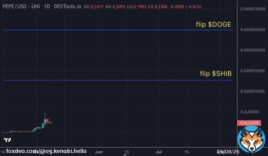 Bitcoin is down & therefore the market is down a bit this morning. Nothing has changed & my $pepe conviction is strong.  In case you need a reminder, here is the current @pepecoineth chart w/ flip $shib & $doge levels.  #PEPE is the michael jordan of memes, imagine fading that.