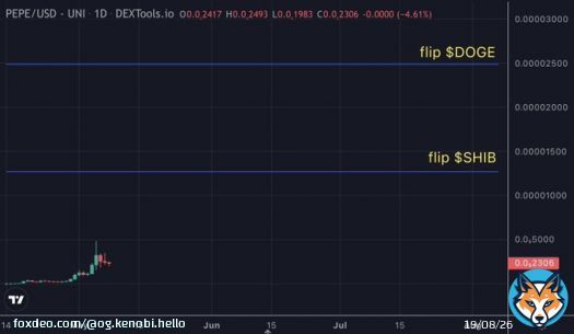Bitcoin is down & therefore the market is down a bit this morning. Nothing has changed & my $pepe conviction is strong.  In case you need a reminder, here is the current @pepecoineth chart w/ flip $shib & $doge levels.  #PEPE is the michael jordan of memes, imagine fading that.