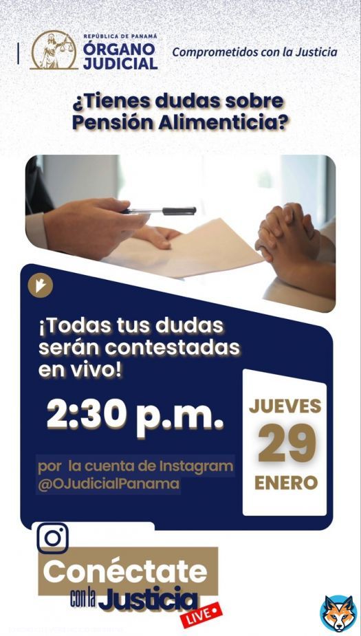 Tus preguntas sobre pensión alimenticia en Panamá merecen respuestas claras. Este jueves 29 a las 2:30 p.m., un juez invitado las responderá en nuestro en vivo por nuestra cuenta de Instagram @OJudicialPanama . Conéctate con la Justicia