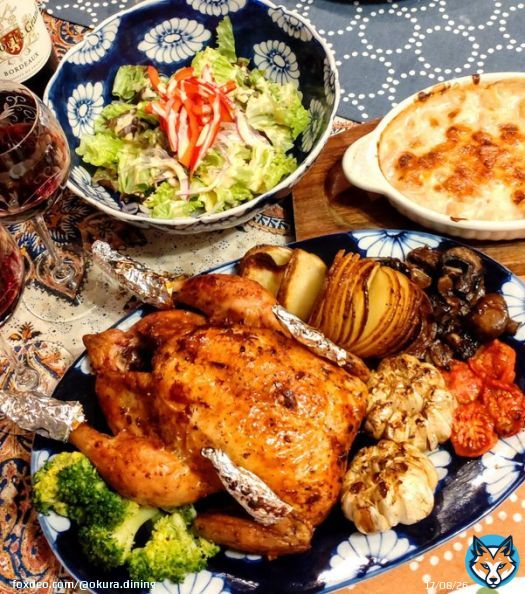 #ローストチキン  丸焼き ワイン グラタン ハッセルバックポテト #男の料理 #男メシ #料理男子 #料理好きさんと繋がりたい #おうちごはん #クリスマス