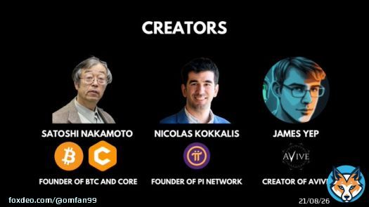These 3 great persons are creators:  Satoshi - Bitcoin and CORE Nicolas Kokkalis - Pi Network James Yep - Avive World  #AviveWorld is a solid new mining app. You can earn #Bitcoin & Avive  Mining Process Same as #CORE  For Avive World, find out here: