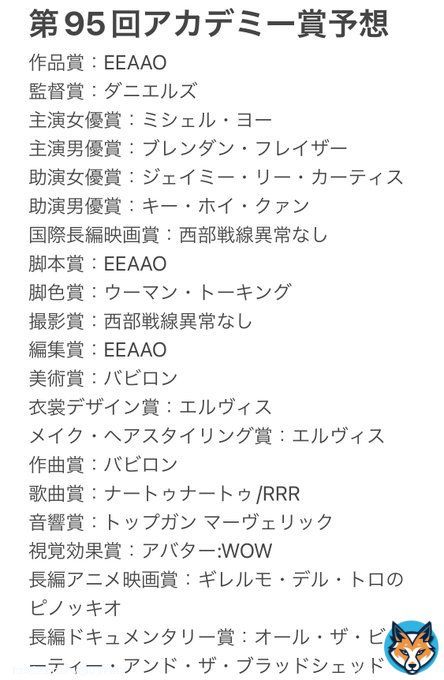 アカデミー賞予想 作品賞：EEAAO 監督賞：ダニエルズ 主演女優賞：ミシェル・ヨー 主演男優賞：ブレンダン・フレイザー 助演女優賞：ジェイミー・リー・カーティス 助演男優賞：キー・ホイ・クァン