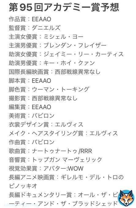 アカデミー賞予想 作品賞：EEAAO 監督賞：ダニエルズ 主演女優賞：ミシェル・ヨー 主演男優賞：ブレンダン・フレイザー 助演女優賞：ジェイミー・リー・カーティス 助演男優賞：キー・ホイ・クァン