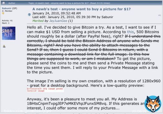 first ever bitcoin trade was for a for a picture in 2010, before the pizza transaction. 500 bitcoins
