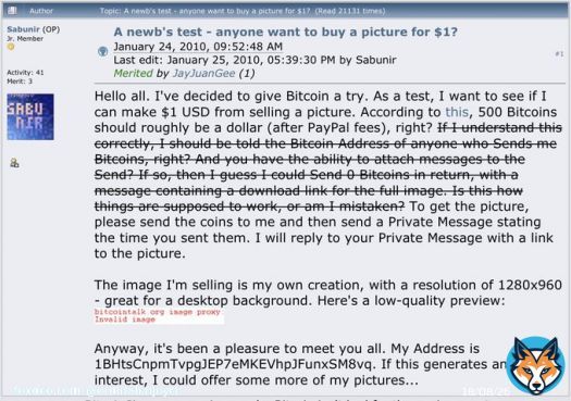 first ever bitcoin trade was for a for a picture in 2010, before the pizza transaction. 500 bitcoins