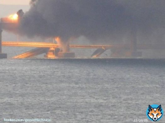 The road span of the Crimean Bridge is sitting in the Kerch Strait