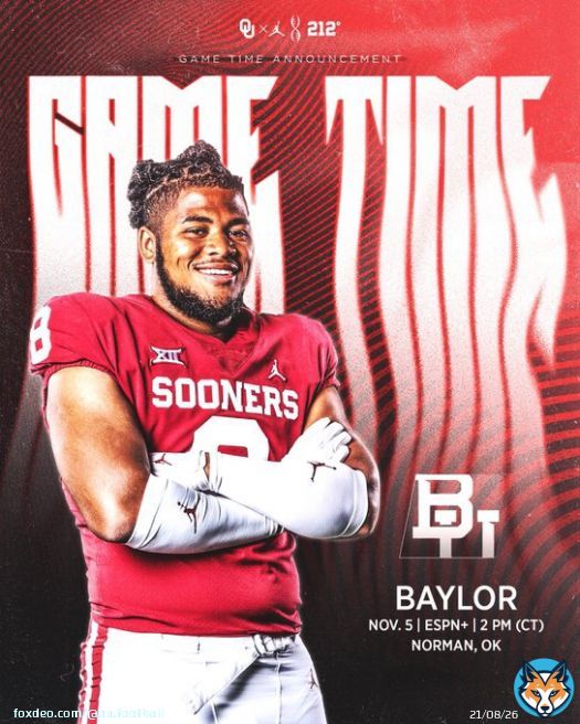Game time/TV announced for next Saturday&rsquo;s game vs. Baylor     2 pm CT  Big 12 Now on ESPN+  Norman   #OUDNA