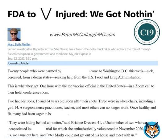 Pfeiffer TSN, parents, family, patients came to Washington to meet FDA about injuries, disabilities, death.  FDA no courtesy to meet face to face--rather had families go on Zoom from their hotel.  Shamed and disgraced FDA knows agency has done great harm and cannot face them.