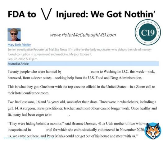 Pfeiffer TSN, parents, family, patients came to Washington to meet FDA about injuries, disabilities, death.  FDA no courtesy to meet face to face--rather had families go on Zoom from their hotel.  Shamed and disgraced FDA knows agency has done great harm and cannot face them.