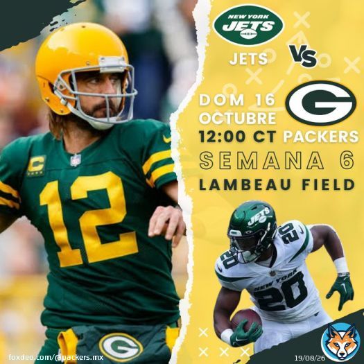 &iexcl;Cheeseheads!  Juego de Semana 6  New York Jets #TakeFlight            vs Green Bay Packers #GoPackGo   Dom, 16 Oct.   12:00 Hora del Centro  Lambeau Field  Game Pass  S&iacute;guelo con nosotros... Go Pack Go!   #NYJvsGB #NFLTwitter
