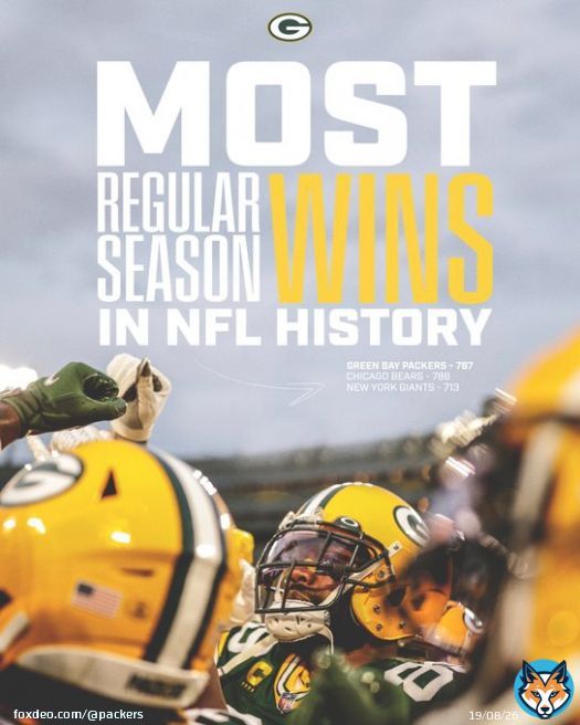 Green Bay Packers - 787 Chicago Bears - 786  The #Packers now have the most regular-season wins in @NFL history!   #GBvsCHI | #GoPackGo