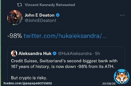 167 年の歴史を持つスイスで 2 番目に大きな銀行であるクレディ スイスは、現在 ATH から -98% 下落しています。  しかし、クリプトは危険です。   きゃはははは。-98％　どかーん。
