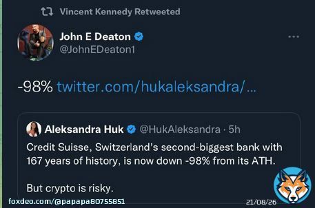 167 年の歴史を持つスイスで 2 番目に大きな銀行であるクレディ スイスは、現在 ATH から -98% 下落しています。  しかし、クリプトは危険です。   きゃはははは。-98％　どかーん。