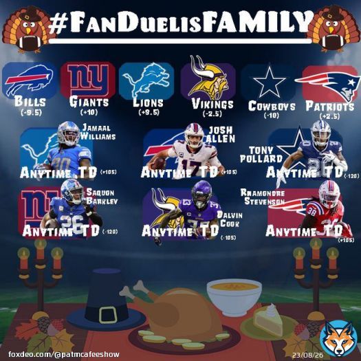 THANKSGIVING &ldquo;THANK YEW ALL&rdquo; CONTEST   Pick your 3 favorite bets from the graphic below & TWEET THEM WITH #FanDuelisFAMILY  If all 3 hit..you&rsquo;ll be automatically entered to potentially win some merch and 5 random winners will wiwin $500   LETS HAVE AN INCREDIBLE THURSDAY