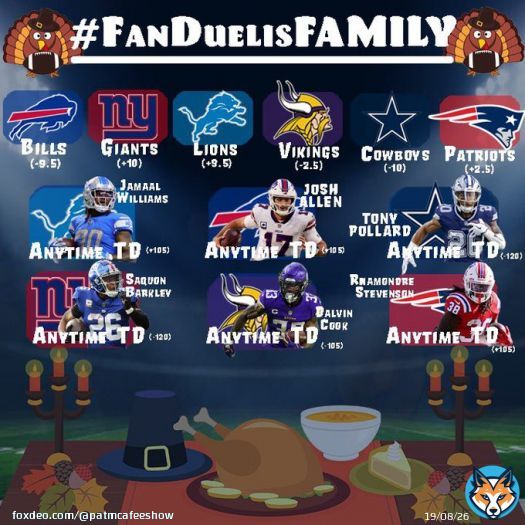 THANKSGIVING &ldquo;THANK YEW ALL&rdquo; CONTEST   Pick your 3 favorite bets from the graphic below & TWEET THEM WITH #FanDuelisFAMILY  If all 3 hit..you&rsquo;ll be automatically entered to potentially win some merch and 5 random winners will wiwin $500   LETS HAVE AN INCREDIBLE THURSDAY