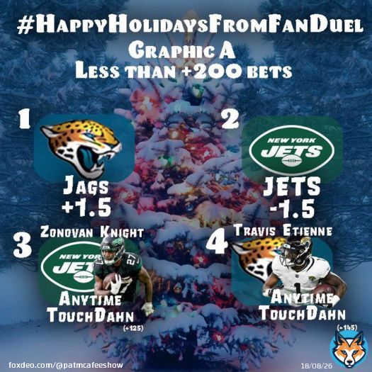 THURSDAY CONTEST GIVEAWAY  Pick 2 bets from Graphic A & 2 bets from Graphic B  Tweet the number next to the bets WITH #HappyHolidaysFromFanDuel  If 1 hits from each graphic, u&rsquo;ll be entered 2 potentially win some merch AND 2 random winner will win $500  LET&rsquo;S HAVE A NIGHT