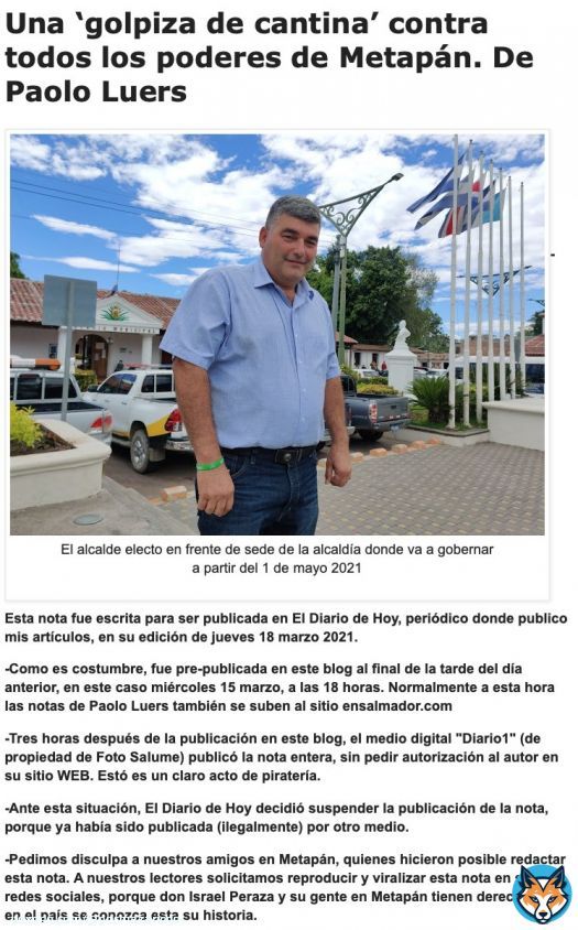 RTs plis.QuotePaolo Luers@paololuers·Mar 18, 2021Amigos en redes sociales: ayúdenme que esta nota sea reproducida y vitalizada. @diario1_sv me la quiere robar. La gente de Metapán tiene derecho que el país conozca su historia. ¡Disfruten de la lectur