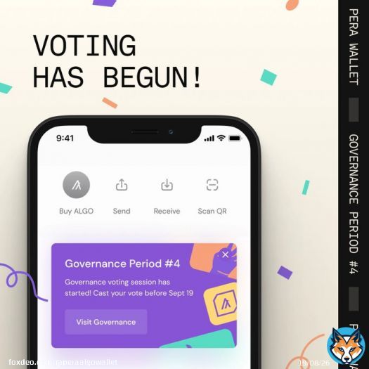 #Algorand Governance  Period 4 voting session has started!  We updated Pera's home screen so users can quickly locate @AlgoFoundation's Governance Portal   Place your vote on protocol changes before Sept 19. and earn $ALGO rewards