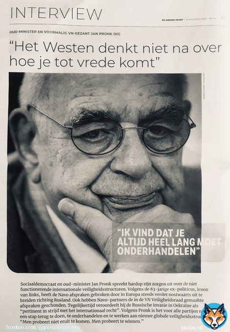 Ik sta paf! Voor het eerst in mijn leven ben ik het hartgrondig eens met de linkse oud-minister Jan Pronk. Hij vindt onderhandelen over vrede in #Oekra&iuml;ne belangrijker dan koste wat kost te willen &lsquo;winnen&rsquo; van #Rusland. Westerse leiders zijn alleen maar bezig met escaleren.  Lees&hellip;&nbsp;Show more