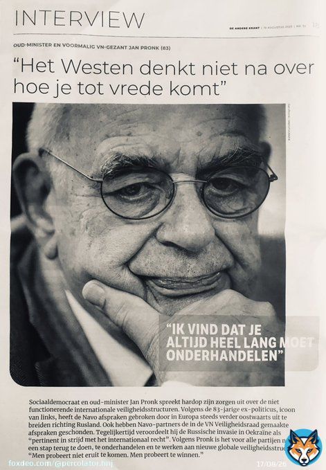 Ik sta paf! Voor het eerst in mijn leven ben ik het hartgrondig eens met de linkse oud-minister Jan Pronk. Hij vindt onderhandelen over vrede in #Oekra&iuml;ne belangrijker dan koste wat kost te willen &lsquo;winnen&rsquo; van #Rusland. Westerse leiders zijn alleen maar bezig met escaleren.  Lees&hellip;&nbsp;Show more
