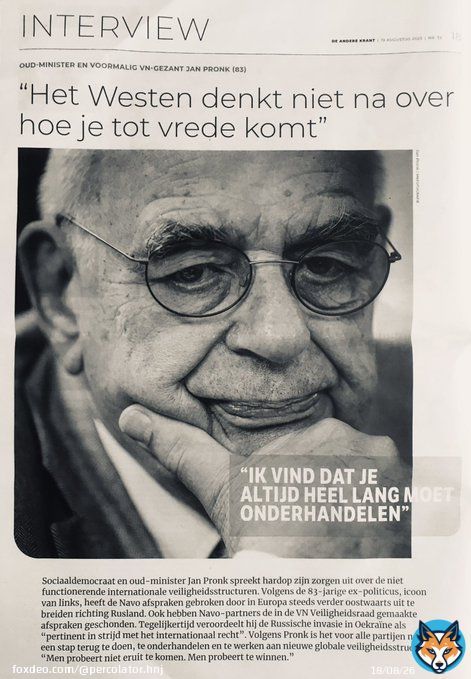 Ik sta paf! Voor het eerst in mijn leven ben ik het hartgrondig eens met de linkse oud-minister Jan Pronk. Hij vindt onderhandelen over vrede in #Oekra&iuml;ne belangrijker dan koste wat kost te willen &lsquo;winnen&rsquo; van #Rusland. Westerse leiders zijn alleen maar bezig met escaleren.  Lees&hellip;&nbsp;Show more