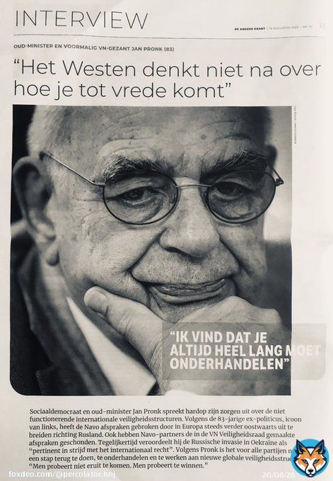 Ik sta paf! Voor het eerst in mijn leven ben ik het hartgrondig eens met de linkse oud-minister Jan Pronk. Hij vindt onderhandelen over vrede in #Oekra&iuml;ne belangrijker dan koste wat kost te willen &lsquo;winnen&rsquo; van #Rusland. Westerse leiders zijn alleen maar bezig met escaleren.  Lees&hellip;&nbsp;Show more