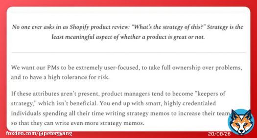'Strategy is the least meaningful aspect of whether a product is great or not.'  That's an excerpt from my interview with Shopify COO @CanadaKaz.  Here's a spicy take on strategy from Kaz: