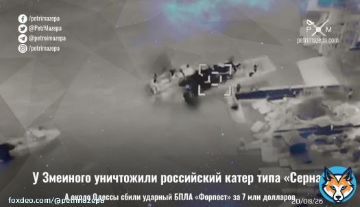 У Змеиного подбили еще один катер. Говорят - проекта 'Серна' (таких у рф было 11 - характеристики в новости). Судя по видео - уничтожен вместе с экипажем  Под Одессой сбили самый дорогой БПЛА на вооружении рф 'Форпост' - копию израильского Searcher Ier II
