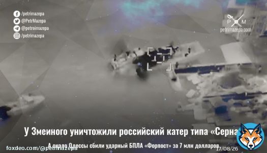 У Змеиного подбили еще один катер. Говорят - проекта 'Серна' (таких у рф было 11 - характеристики в новости). Судя по видео - уничтожен вместе с экипажем  Под Одессой сбили самый дорогой БПЛА на вооружении рф 'Форпост' - копию израильского Searcher Ier II