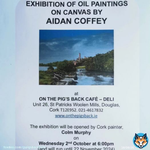 Join us Wednesday the 2nd of October for the art Exhibition of Aidan Coffey. Enjoy live traditional Irish music, tasty and wine all while browsing the wonderful oil landscapes on display at On The Pigs Back Cafe Douglas.