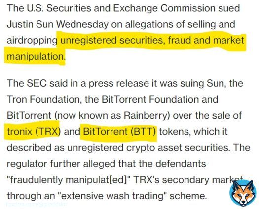 Justin Sun was sued today by the SEC for selling unregistered securities, fraud, and market manipulation of BTT (BitTorrent token) and TRX (Tron).  Lindsay Lohan, Jake Paul, Soulja Boy, Lil Yachty, Ne-Yo, Akon and Michele Mason were all sued by the SEC today for promoting these&hellip;