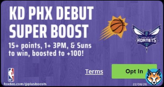 Draftkings: Durant 15+ Points, 1+ 3, & Suns WIN Boosted to: +100 EV:  8%  I have this DK KD boost at around 8% +EV. It's a messy devig but bet365 and FD agree. bet365 uses o15.5, too.  I'm in for $10 and would go up to 2.5u
