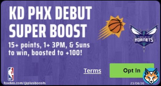 Draftkings: Durant 15+ Points, 1+ 3, & Suns WIN Boosted to: +100 EV:  8%  I have this DK KD boost at around 8% +EV. It's a messy devig but bet365 and FD agree. bet365 uses o15.5, too.  I'm in for $10 and would go up to 2.5u