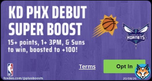 Draftkings: Durant 15+ Points, 1+ 3, & Suns WIN Boosted to: +100 EV:  8%  I have this DK KD boost at around 8% +EV. It's a messy devig but bet365 and FD agree. bet365 uses o15.5, too.  I'm in for $10 and would go up to 2.5u