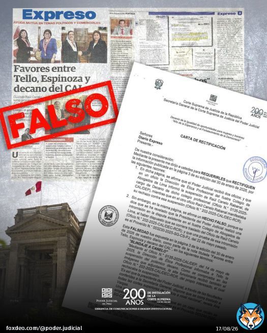 El Poder Judicial remitió una carta al diario Expreso por difundir información falsa e inexacta que afecta la imagen institucional y desconoce la verdad de los hechos. Demandamos su inmediata rectificación. Leer: