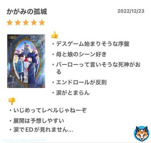 感想 最後の方は涙がとまらんかった。 そしてエンドロールで死んだ。 是非見て欲しい作品です。 #かがみの孤城  #かがみの孤城を語ろう #たぬきの映画れびゅー
