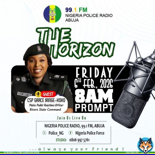 Catch the Rivers State Police PRO live tommorow at 8:00 AM on 99.1 FM Nigeria Police Radio. You can also tune in on X (@PoliceNG) or Facebook (npfradio99.1fm).