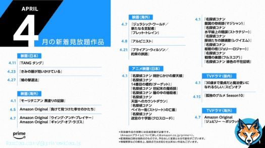 プライムビデオ 4月【配信作品】一覧 Amazon Original『風雲!たけし城』 『テレビアニメ「鬼滅の刃」刀鍛冶の里編』 『ジュラシック・ワールド/新たなる支配者』 『Prime Video Presents Live Boxing』第4弾 『TANG タング』 画像をタップして一覧をチェック