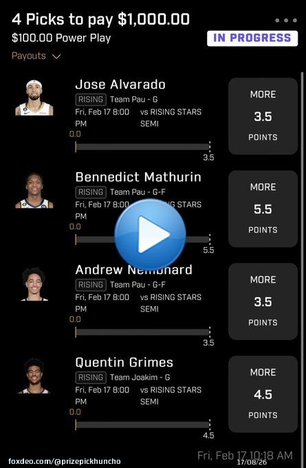NBA rising star game plays   Jose Alvarado o3.5 points  Benedict o5.5 points  Nembhard o3.5 points  Quentin Grimes o4.5 points   $1000 ON THE LINE  More picks in the discord     #PrizePicks #GamblingTwitter #PrizePicksNBA #NBA #PlayerPropBets&hellip;