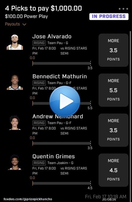 NBA rising star game plays   Jose Alvarado o3.5 points  Benedict o5.5 points  Nembhard o3.5 points  Quentin Grimes o4.5 points   $1000 ON THE LINE  More picks in the discord     #PrizePicks #GamblingTwitter #PrizePicksNBA #NBA #PlayerPropBets&hellip;