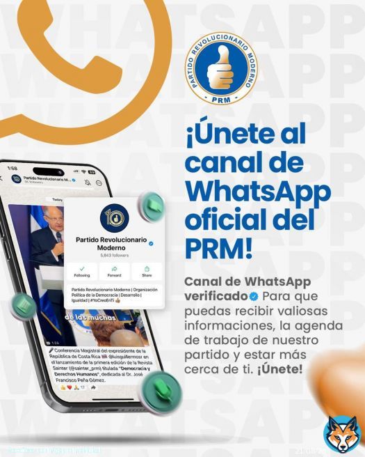 Te invitamos a seguir el canal de WhatsApp oficial del PRM que en el día de hoy fue verificado , para que puedas recibir valiosas informaciones, la agenda de trabajo de nuestro partido y estar más cerca de ti . ¡Únete!