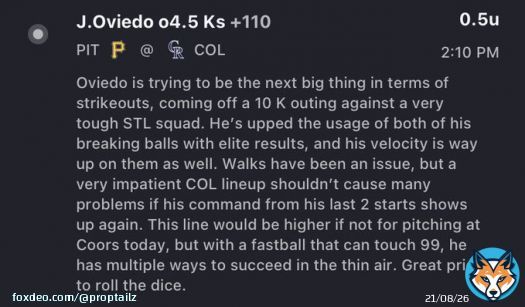 K Props /// 04.19   Oviedo o4.5  His stuff can K anyone, and Serven (44% K-rate vs RHP), McMahon (32%) & Moose (31%) offer 3 great targets   A lot of early games, but just 1 play for now. Let&rsquo;s cash a juicy +Money spot to start our day!&helllip;   #GamblingTwitter #PlayerProps